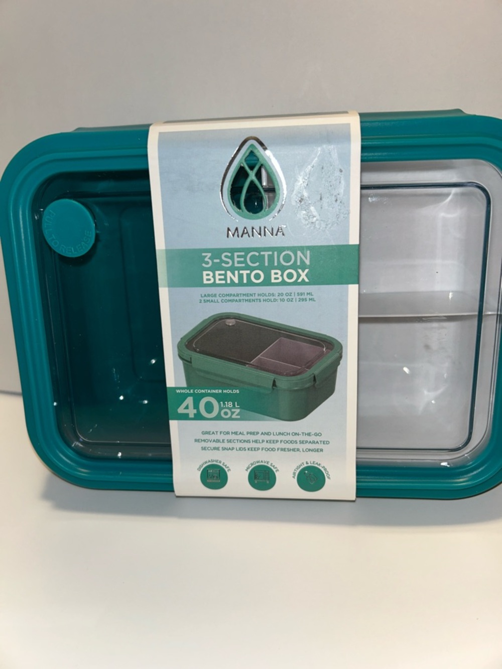 Manna Set of 2 3-Section Bento Box in teal, featuring a total capacity of 40 oz. - Picture 3 of 16